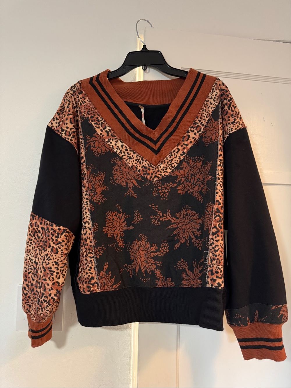Free People Rust Floral & Leopard V‑Neck Pullover Sweater